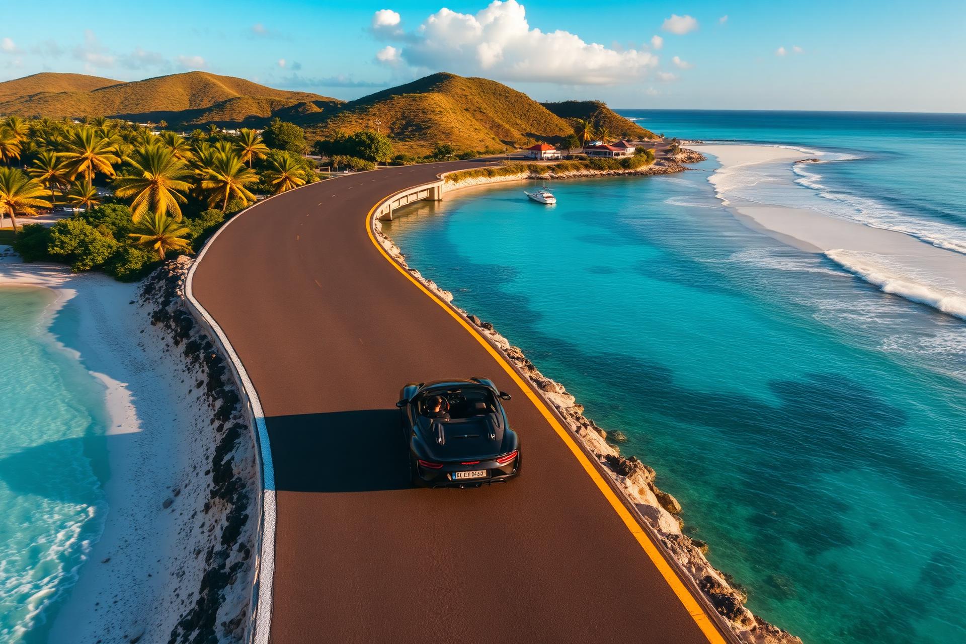 Coastal road in Curaçao with turquoise ocean
